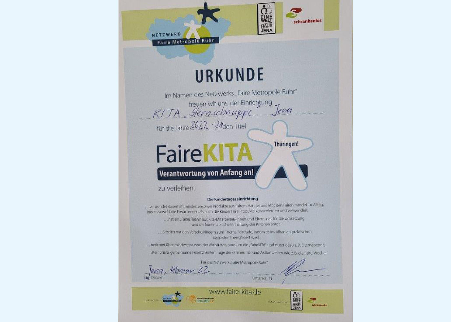 DRK-Kreisverband Jena-Eisenberg-Stadtroda: Kita Sternschnuppe erneut als "Faire Kita" ausgezeichnet